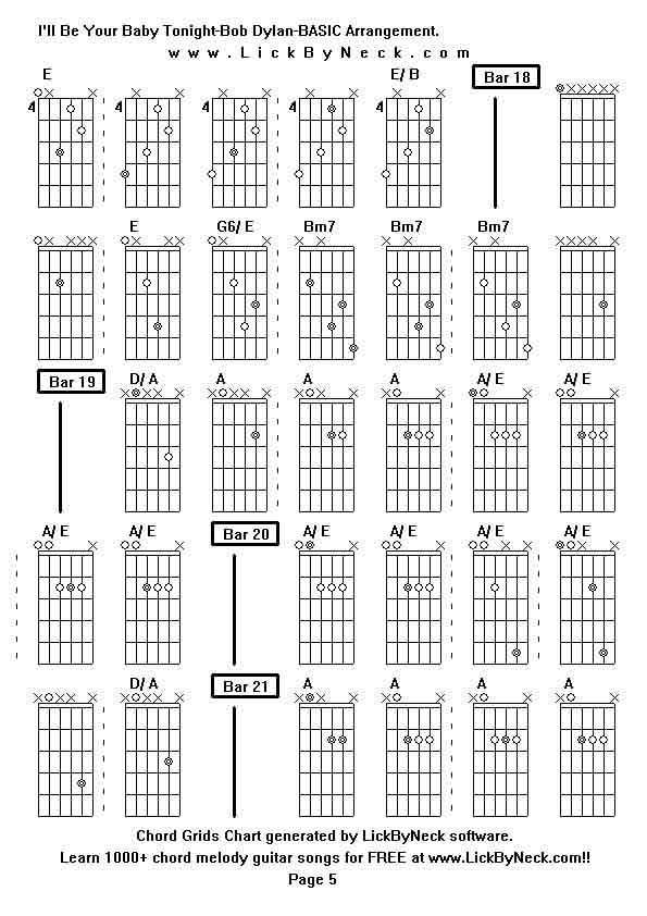 Chord Grids Chart of chord melody fingerstyle guitar song-I'll Be Your Baby Tonight-Bob Dylan-BASIC Arrangement,generated by LickByNeck software.